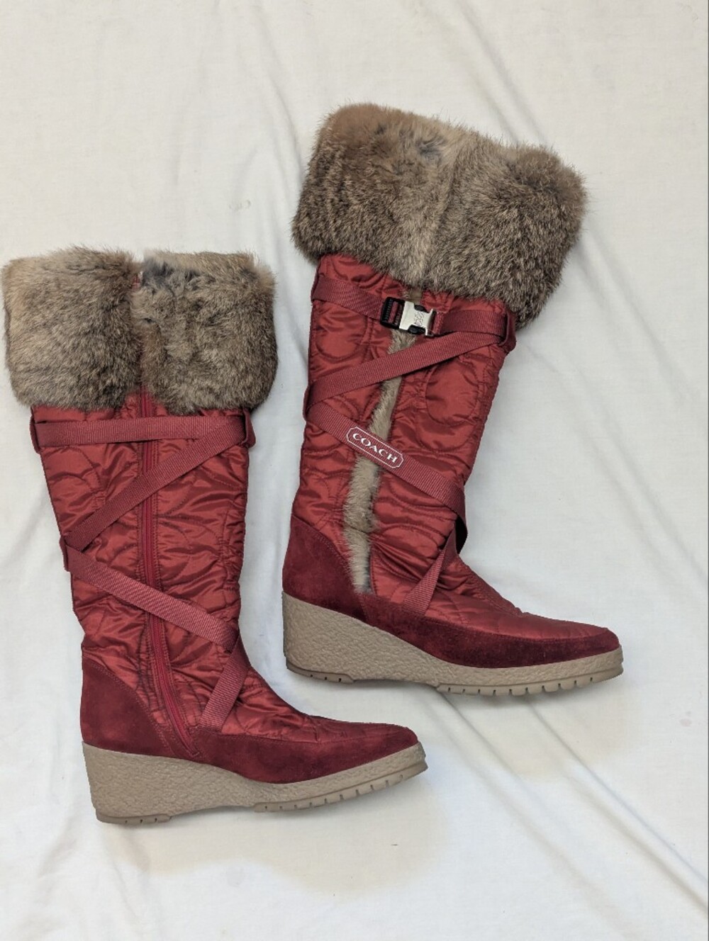 Coach Y2K Mackenzie Rabbit Fur Wedge Knee High Monogram Logo Boots Women's 9 - Picture 2 of 15